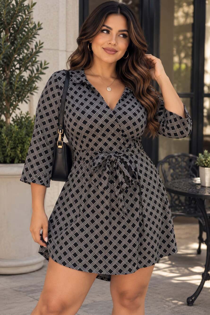 H&M Black & White Geometric Diamond Print 3/4 Sleeve Wrap Dress Size L